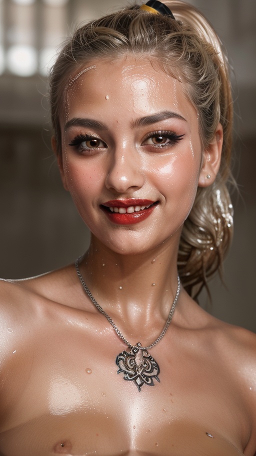 beautiful tanned girl in silver long highlighted hair in ponytail, beautiful face, high quality, high resolution, wet oily skin, ornate tattoos, ornate jewellery, gloss lipstick, seductive pose, full makeup, eyeliner, closeup, playful smile, sexy, upper body